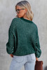 Green Heathered Knit Drop Shoulder Puff Sleeve Sweater