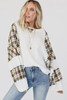 White Plaid Patch Waffle Knit Exposed Seam Bubble Sleeve Top