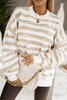 Khaki Oversized Striped Bishop Sleeve Pullover Sweatshirt