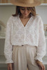 White Fanshaped Lace Hollow out Split Neck Puff Sleeve Blouse