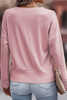 Pink Ribbed Texture Lace Trim V Neck Long Sleeve Top