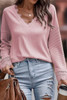 Pink Ribbed Texture Lace Trim V Neck Long Sleeve Top