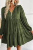 Green Lace Puff Sleeve Buttoned Tiered Ruffled Mini Dress Green Lace Puff Sleeve Buttoned Tiered Ruffled Mini Dress