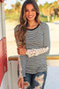 Black Stripe Lace Crochet Long Sleeve Top