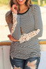 Black Stripe Lace Crochet Long Sleeve Top