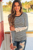 Black Stripe Lace Crochet Long Sleeve Top