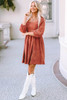 Brown Suede Square Neck Puff Sleeve Dress