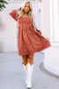 Brown Suede Square Neck Puff Sleeve Dress