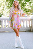 Multicolor Abstract Print Frill Split Neck Babydoll Mini Dress