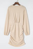 Apricot Tactile Texture Ruched Side Bubble Sleeve Knit Dress