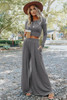 Gray Solid Color Ribbed Crop Top Long Pants Set