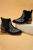 Black Embroidered Leather Thick Heel Booties