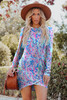 Sky Blue Floral Print Crossed Hem Long Sleeve Mini Dress