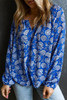 Blue Floral Notched V-Neck Long Sleeve Blouse