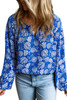 Blue Floral Notched V-Neck Long Sleeve Blouse