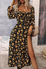 Black Floral Tie Square Neck Puff Sleeve Slit Dress