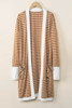 Brown Striped Side Pockets Open Front Cardigan