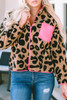 Leopard Colorblock Pocket Zipper Fuzzy Fleece Jacket