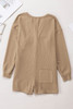 Khaki Brushed Ribbed Button Split V Neck Long Sleeve Romper