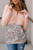 Pink Floral Patch Half Zip Kangaroo Pocket Hoodie