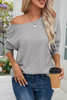 Gray V Cut Drawstring Back Waffle Knit Long Sleeve Top