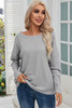 Gray V Cut Drawstring Back Waffle Knit Long Sleeve Top