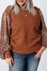 Brown Plus Size Printed Splicing Sleeve Ribbed Trim Sweater