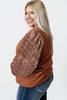 Brown Plus Size Printed Splicing Sleeve Ribbed Trim Sweater