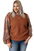 Brown Plus Size Printed Splicing Sleeve Ribbed Trim Sweater