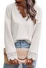 White Ribbed Texture Lace Trim V Neck Long Sleeve Top