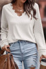 White Ribbed Texture Lace Trim V Neck Long Sleeve Top