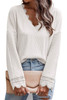 White Ribbed Texture Lace Trim V Neck Long Sleeve Top