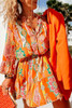 Orange Boho Geometric Print Buttoned V Neck Mini Dress