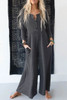 Gray Button Long Sleeve Wide Leg Jumpsuit