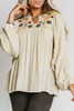 Apricot Floral Embroidered Swiss Dot Split Neck Babydoll Blouse