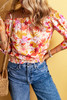 Multicolor Floral Print Shirred Knotted Off Shoulder Blouse