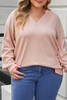 Pink Raw Cut Notched Neck Plus Size French Terry Hoodie