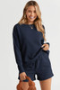 Navy Blue Textured Long Sleeve Top and Drawstring Shorts Set Navy Blue Textured Long Sleeve Top and Drawstring Shorts Set