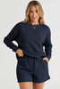 Navy Blue Textured Long Sleeve Top and Drawstring Shorts Set Navy Blue Textured Long Sleeve Top and Drawstring Shorts Set