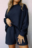 Navy Blue Textured Long Sleeve Top and Drawstring Shorts Set Navy Blue Textured Long Sleeve Top and Drawstring Shorts Set