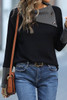 Black Waffle Knit Patchwork Colorblock Asymmetrical Neck Top