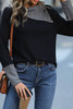 Black Waffle Knit Patchwork Colorblock Asymmetrical Neck Top