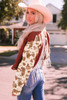 Red Abstract Print Sleeve Back Fringed Cropped Denim Jacket