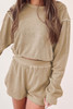 Khaki Piping Trim Long Sleeve Terry Shorts Set