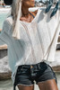 White Hollowed Detail Knitted Loose V Neck Sweater