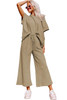 Apricot khaki Textured Loose Fit T Shirt and Drawstring Pants Set