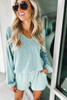 Mist Blue Corded V Neck Slouchy Top Pocketed Shorts Set