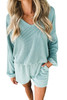 Mist Blue Corded V Neck Slouchy Top Pocketed Shorts Set