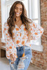 White Tassel Tie V Neck Bubble Sleeve Floral Blouse