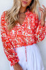 Red Floral Ruffled Notched V-Neck Blouse